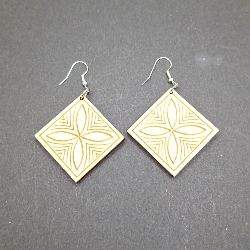 Laser engraved earrings wood square diamond shape lightweight earrings